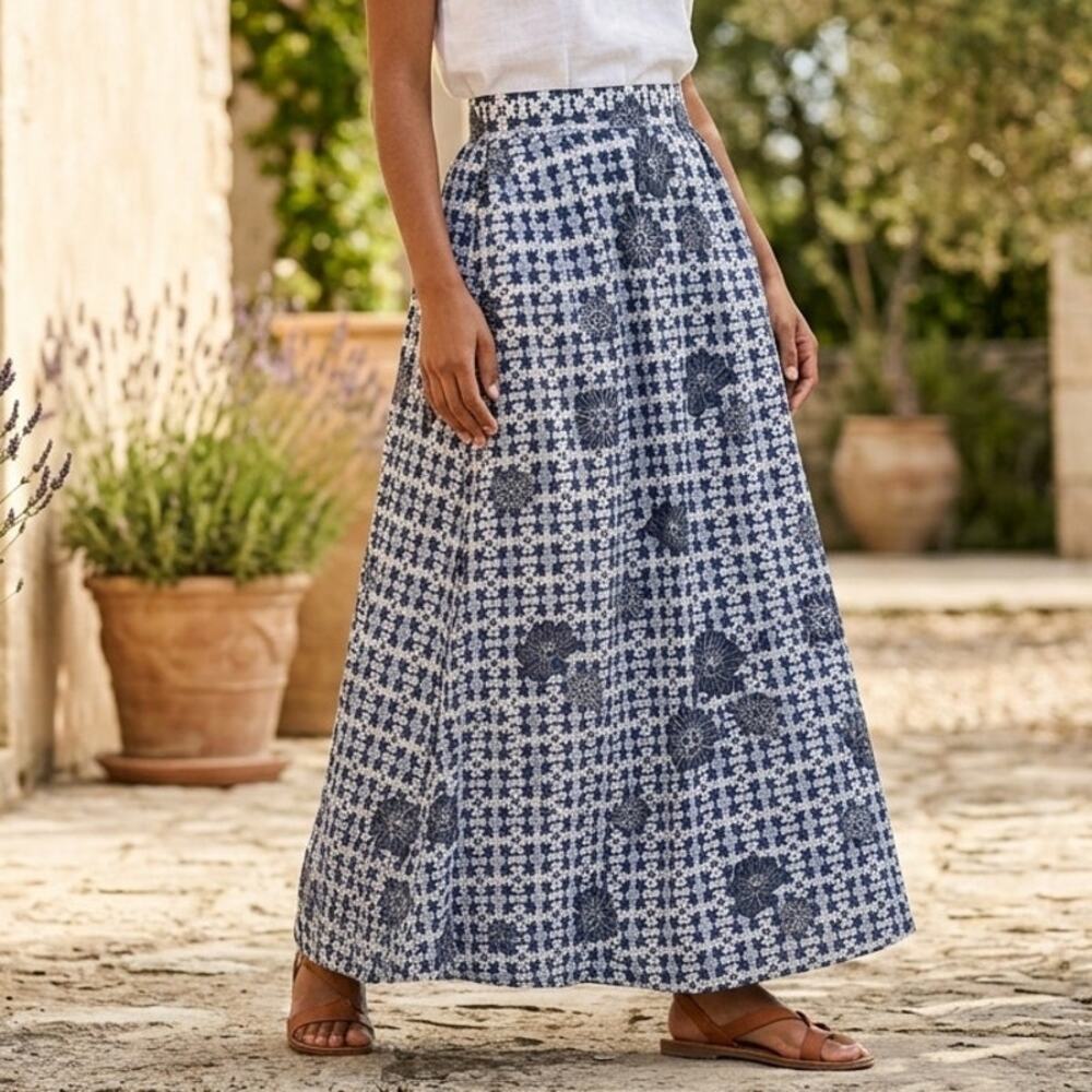 Gerard Darel Paris Cotton Silk Blue Floral Batik Print Maxi Skirt French Boho XS